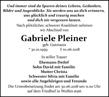 Traueranzeige von Gabriele Pleiner von WVG - Wochenspiegel Bitterfeld
