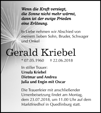 Traueranzeige von Gerald Kriebel von Mitteldeutsche Zeitung