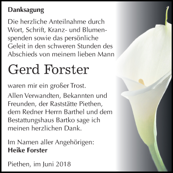 Traueranzeige von Gerd Forster von Mitteldeutsche Zeitung Köthen