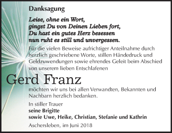 Traueranzeige von Gerd Franz von Mitteldeutsche Zeitung