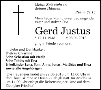 Traueranzeige von Gerd Justus von Mitteldeutsche Zeitung Dessau-Roßlau