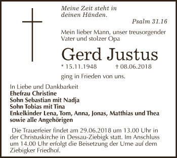 Traueranzeige von Gerd Justus von WVG - Wochenspiegel Dessau / Köthen
