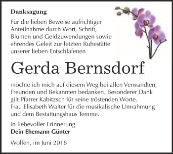 Traueranzeige von Gerda Bernsdorf von WVG - Wochenspiegel Bitterfeld