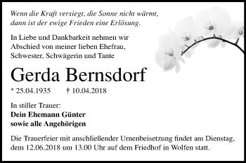 Traueranzeige von Gerda Bernsdorf von Mitteldeutsche Zeitung Bitterfeld