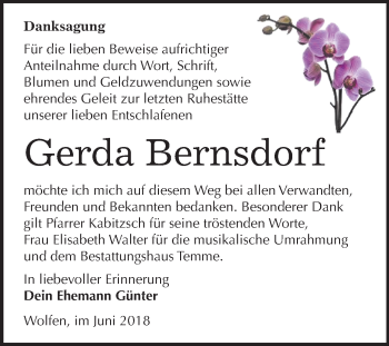 Traueranzeige von Gerda Bernsdorf von Mitteldeutsche Zeitung Bitterfeld