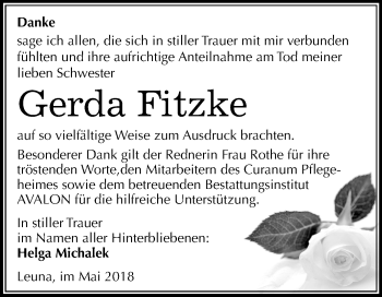 Traueranzeige von Gerda Fitzke von Mitteldeutsche Zeitung Merseburg/Querfurt