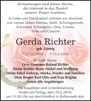 Traueranzeige von Gerda Richter von Mitteldeutsche Zeitung