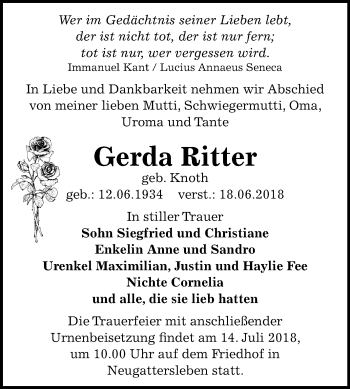 Traueranzeige von Gerda Ritter von Mitteldeutsche Zeitung Bernburg