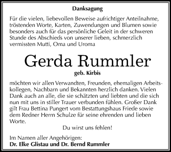 Traueranzeige von Gerda Rummler von Mitteldeutsche Zeitung