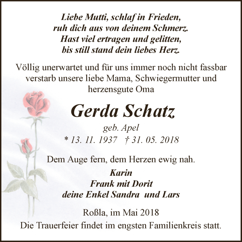  Traueranzeige für Gerda Schatz vom 09.06.2018 aus Super Sonntag SGH Mansf. Land