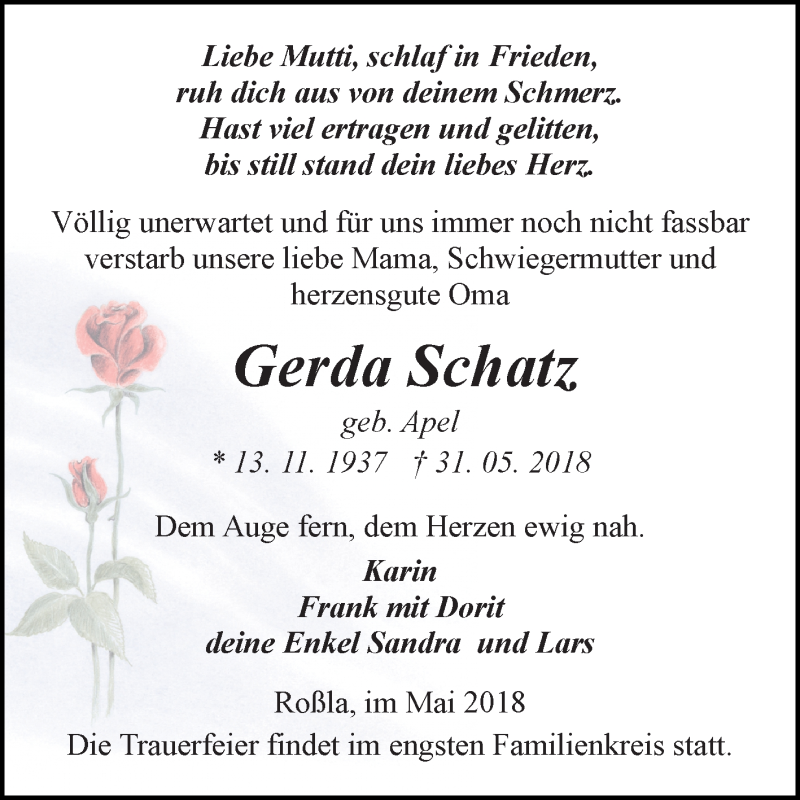  Traueranzeige für Gerda Schatz vom 09.06.2018 aus Mitteldeutsche Zeitung