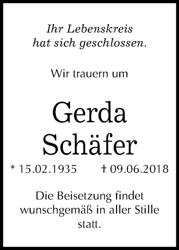 Traueranzeige von Gerda Schäfer von Mitteldeutsche Zeitung Halle/Saalkreis