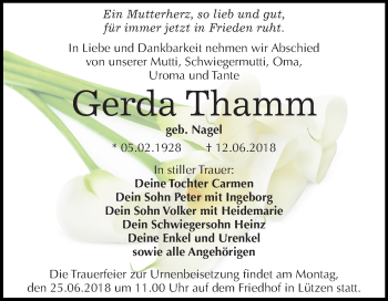 Traueranzeige von Gerda Thamm von WVG - Wochenspiegel Merseburg