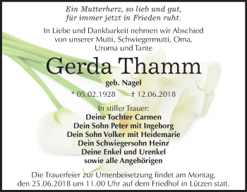 Traueranzeige von Gerda Thamm von Mitteldeutsche Zeitung Weißenfels