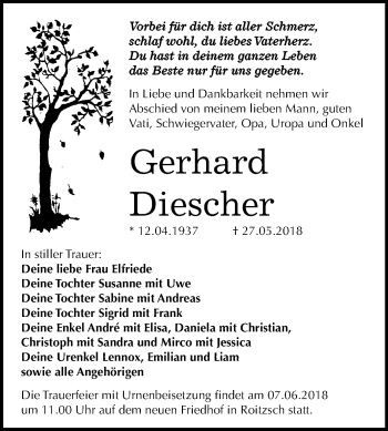 Traueranzeige von Gerhard Diescher von Mitteldeutsche Zeitung Bitterfeld