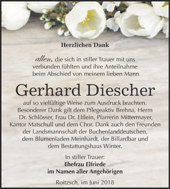 Traueranzeige von Gerhard Diescher von WVG - Wochenspiegel Bitterfeld