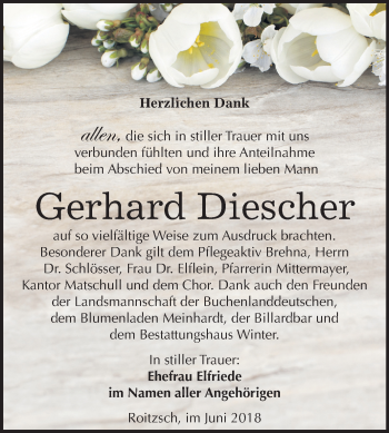 Traueranzeige von Gerhard Diescher von Mitteldeutsche Zeitung Bitterfeld