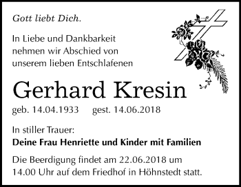 Traueranzeige von Gerhard Kresin von Mitteldeutsche Zeitung Halle/Saalkreis