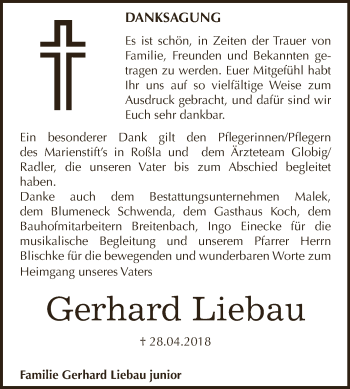Traueranzeige von Gerhard Liebau von Super Sonntag SGH Mansf. Land