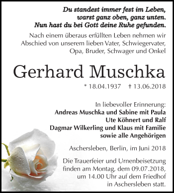 Traueranzeige von Gerhard Muschka von Mitteldeutsche Zeitung
