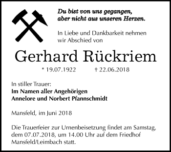 Traueranzeige von Gerhard Rückriem von Mitteldeutsche Zeitung