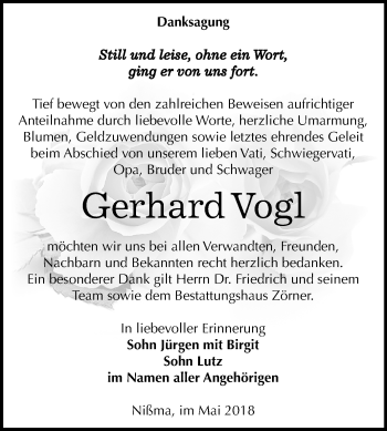Traueranzeige von Gerhard Vogl von Mitteldeutsche Zeitung Zeitz