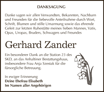 Traueranzeige von Gerhard Zander von WVG - Wochenspiegel Dessau / Köthen