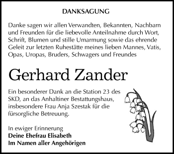 Traueranzeige von Gerhard Zander von Mitteldeutsche Zeitung Dessau-Roßlau