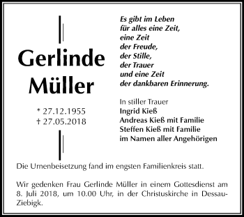 Traueranzeige von Gerlinde Müller von Mitteldeutsche Zeitung Dessau-Roßlau