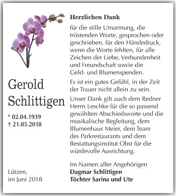 Traueranzeige von Gerold Schlittigen von Super Sonntag Merseburg