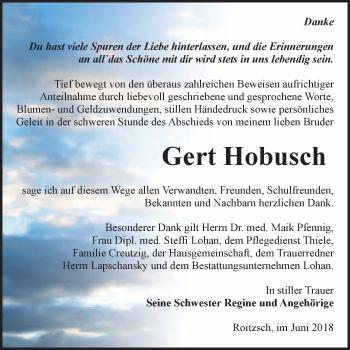 Traueranzeige von Gert Hobusch von WVG - Wochenspiegel Bitterfeld