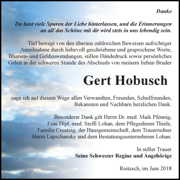 Traueranzeige von Gert Hobusch von Mitteldeutsche Zeitung Bitterfeld