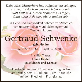 Traueranzeige von Gertraud Schwenke von WVG - Wochenspiegel Dessau / Köthen