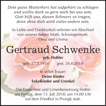 Traueranzeige von Gertraud Schwenke von Mitteldeutsche Zeitung Köthen