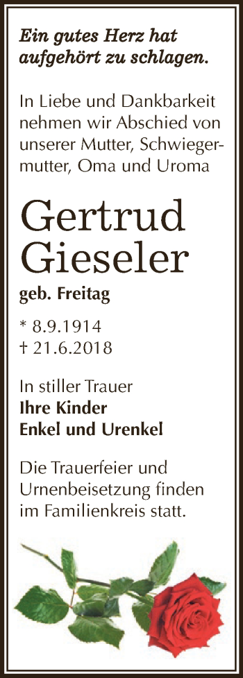 Traueranzeige von Gertrud Gieseler von WVG - Wochenspiegel Dessau / Köthen