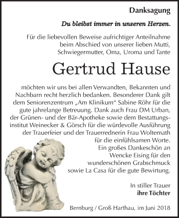 Traueranzeige von Gertrud Hause von Mitteldeutsche Zeitung Bernburg