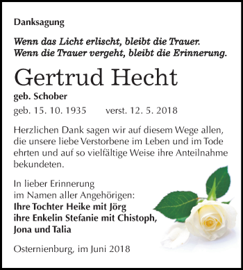Traueranzeige von Gertrud Hecht von Mitteldeutsche Zeitung Köthen