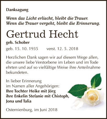 Traueranzeige von Gertrud Hecht von WVG - Wochenspiegel Dessau / Köthen