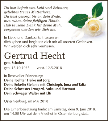 Traueranzeige von Gertrud Hecht von WVG - Wochenspiegel Dessau / Köthen