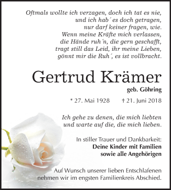 Traueranzeige von Gertrud Krämer von Mitteldeutsche Zeitung