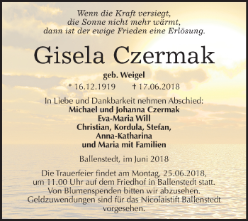 Traueranzeige von Gisela Czermak von Mitteldeutsche Zeitung Quedlinburg
