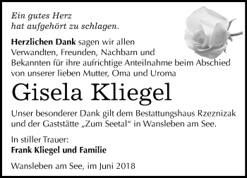 Traueranzeige von Gisela Kliegel von Mitteldeutsche Zeitung