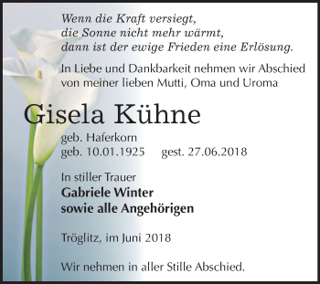 Traueranzeige von Gisela Kühne von Mitteldeutsche Zeitung Zeitz