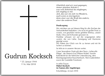 Traueranzeige von Gudrun Kocksch von Mitteldeutsche Zeitung