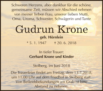 Traueranzeige von Gudrun Krone von Super Sonntag SGH Mansf. Land