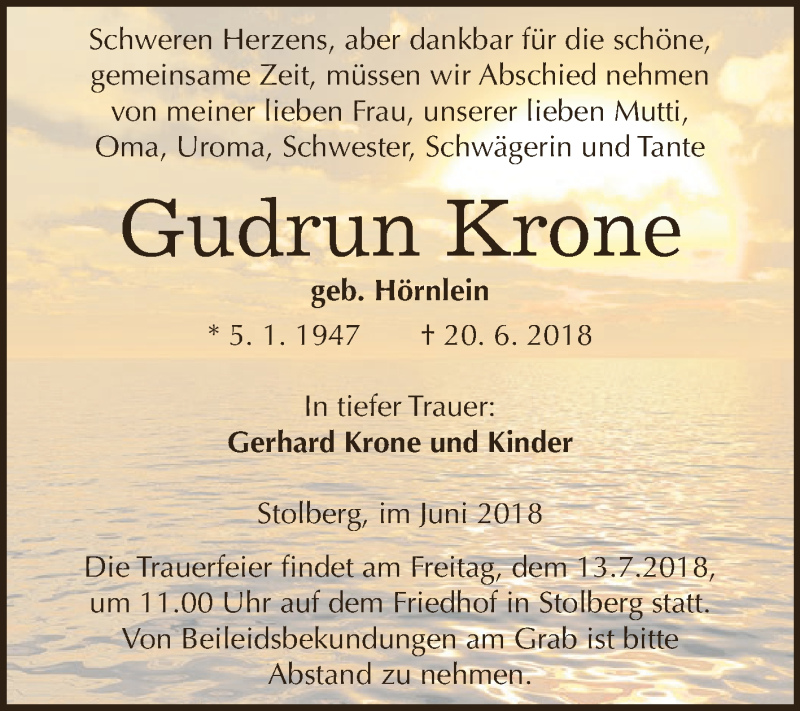  Traueranzeige für Gudrun Krone vom 30.06.2018 aus Super Sonntag SGH Mansf. Land