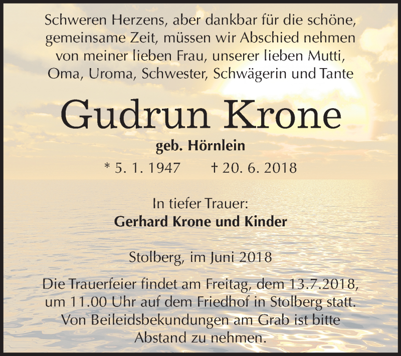  Traueranzeige für Gudrun Krone vom 30.06.2018 aus Mitteldeutsche Zeitung