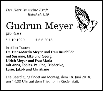 Traueranzeige von Gudrun Meyer von Mitteldeutsche Zeitung Quedlinburg