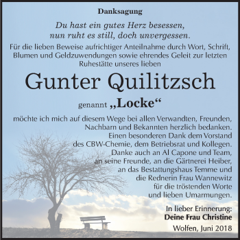 Traueranzeige von Gunter Quilitzsch von Mitteldeutsche Zeitung Bitterfeld