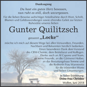 Traueranzeige von Gunter Quilitzsch von WVG - Wochenspiegel Bitterfeld